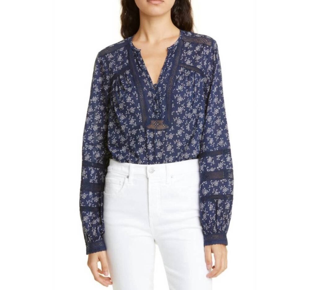 Veronica Beard Navy Floral Kent Long Sleeved Marine Blue Top Sz 2